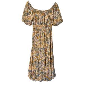 Japna Floral Midi Dress in Cream, Mustard & Blue